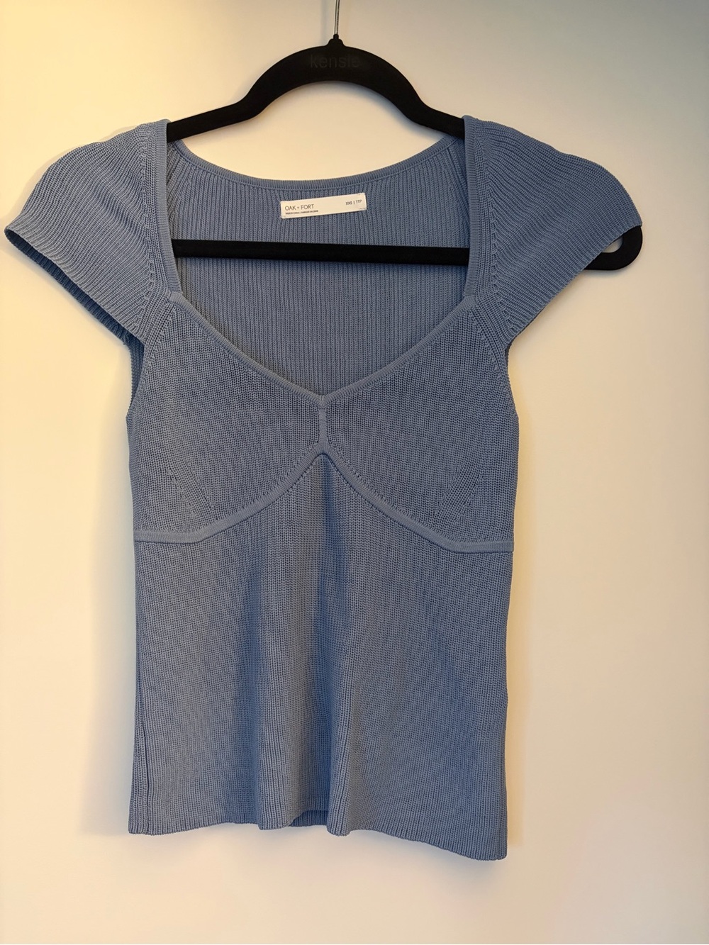 OAK + FORT Light Blue Ribbed V-Neck Cap Sleeve Top